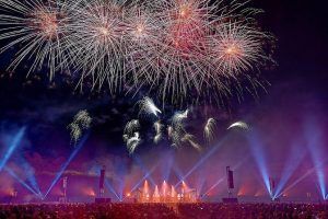 Photo of a pink and blue firework