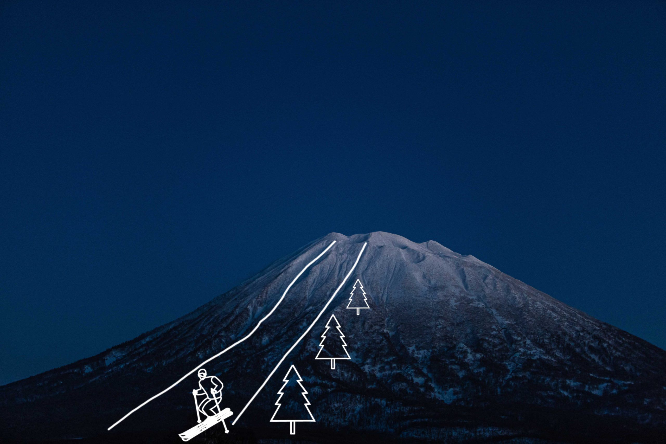 Photo of a mountain with laser projection of white strokes creating a skier, a ski slope, and fir trees