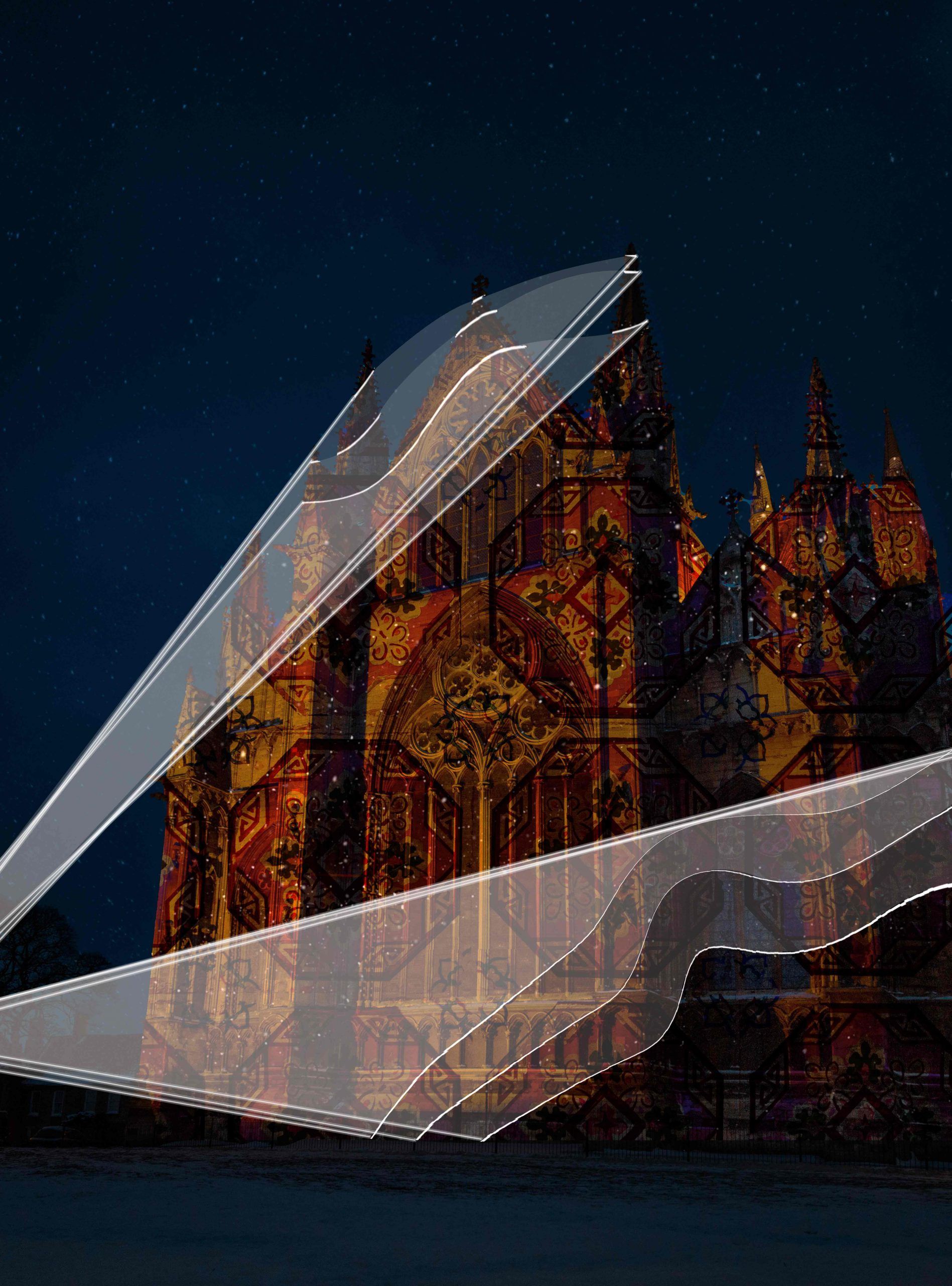 Photo of a cathedral with video projection of geometric shapes on it and white laser beams
