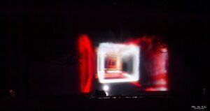 Projection of an abstract white square on a water screen